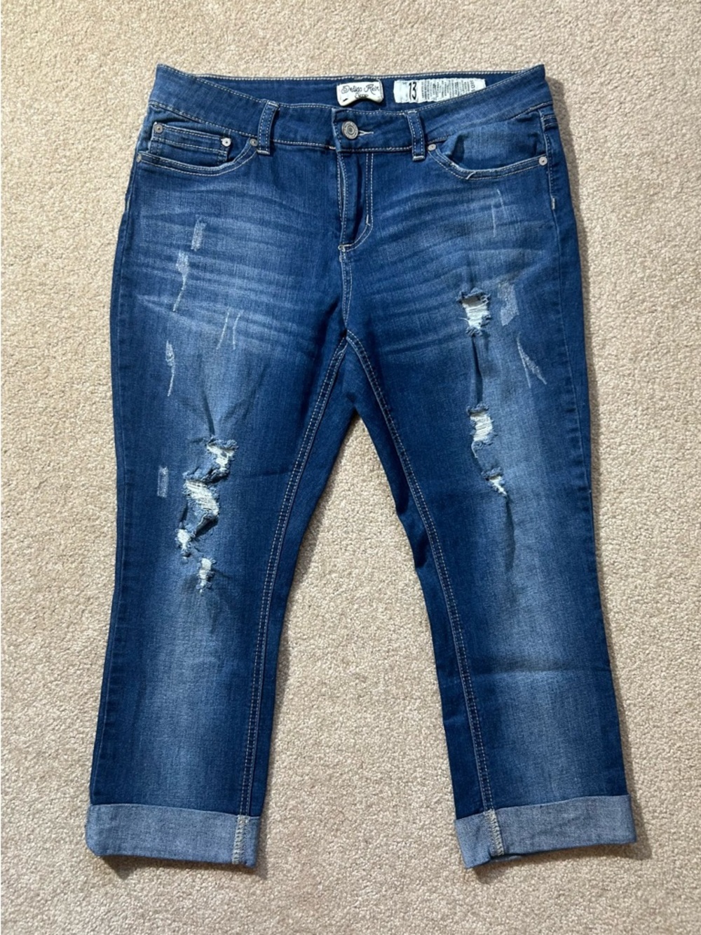 Indigo Rein Distressed Dark Blue Crop Jeans Womens 13